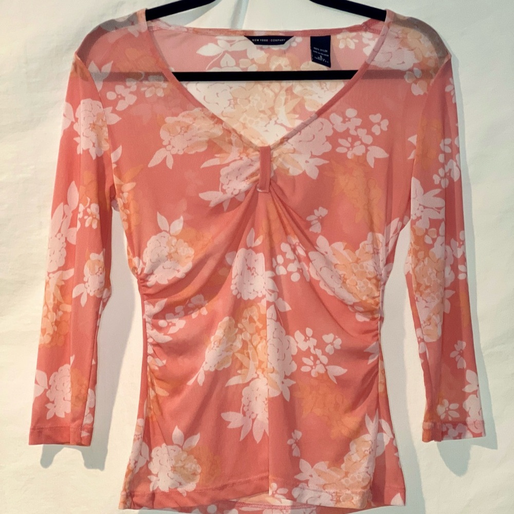 New York & Company floral mesh ruched top